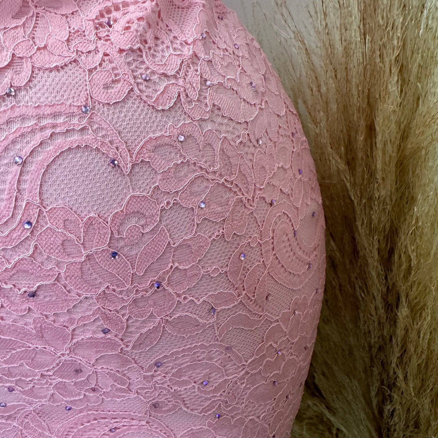 Bow Lace Rhinestone Dress-Pink