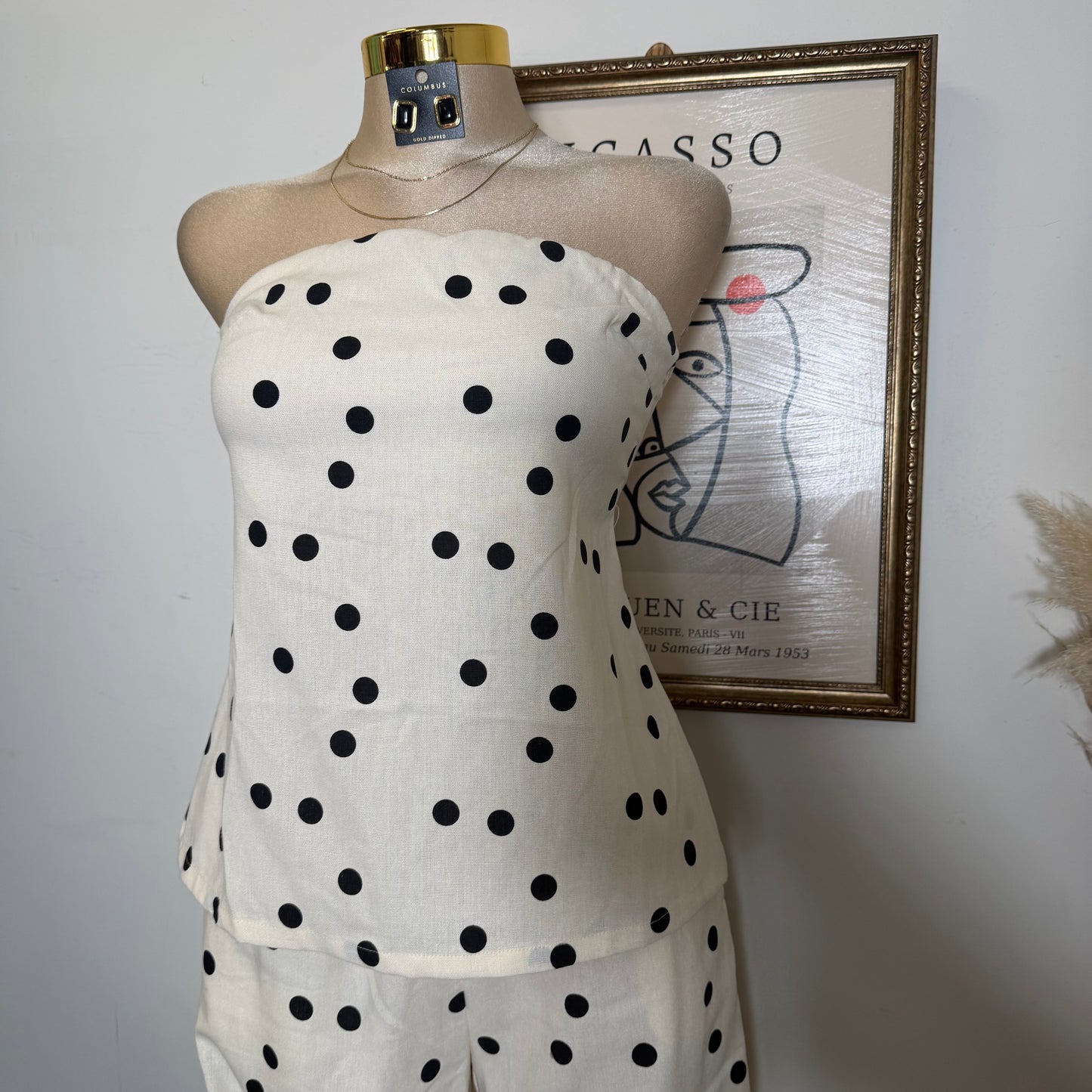 Polka Dot Linen Strapless Pant Set -Cream