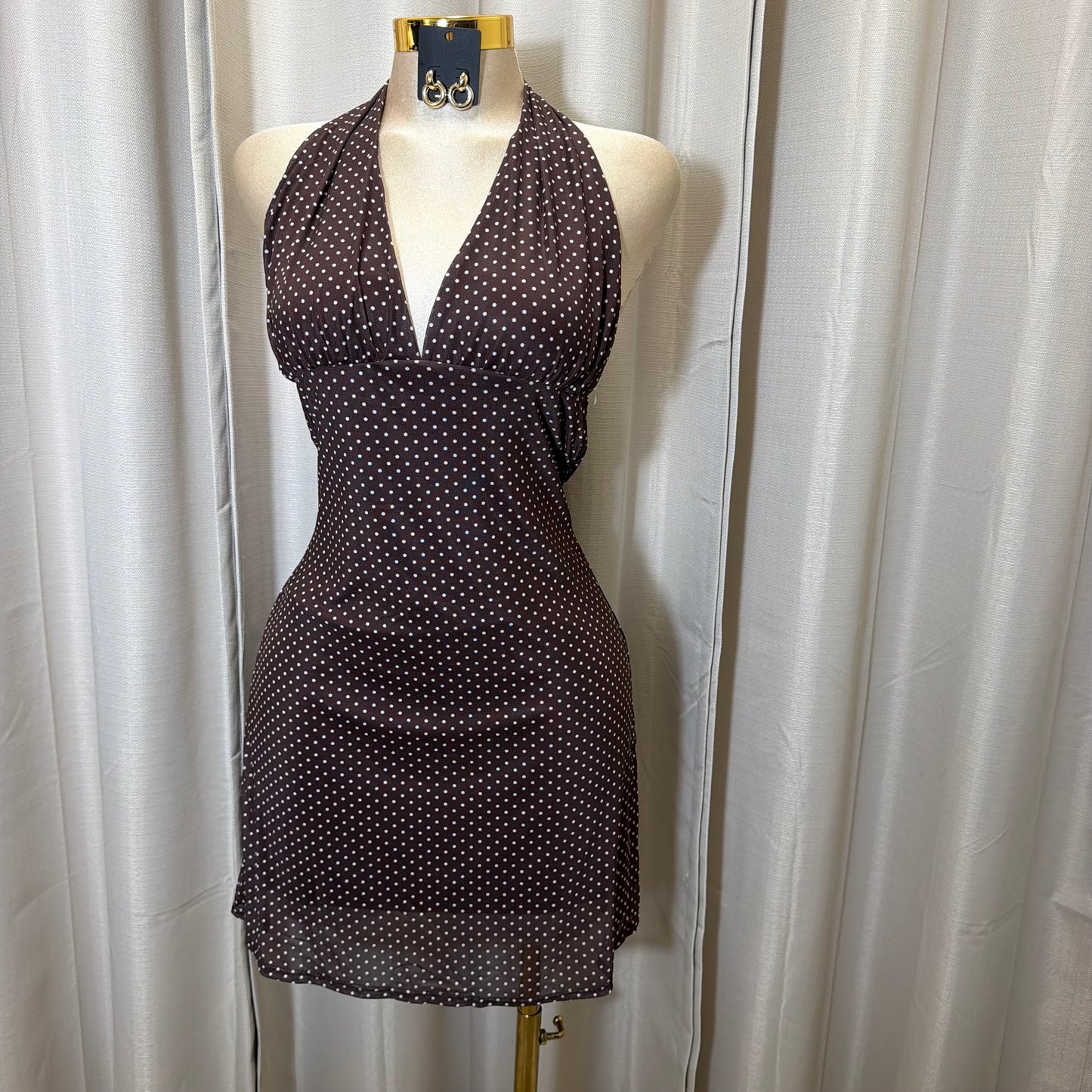 Polka Dot Mesh Halter Mini  Dress-Brown