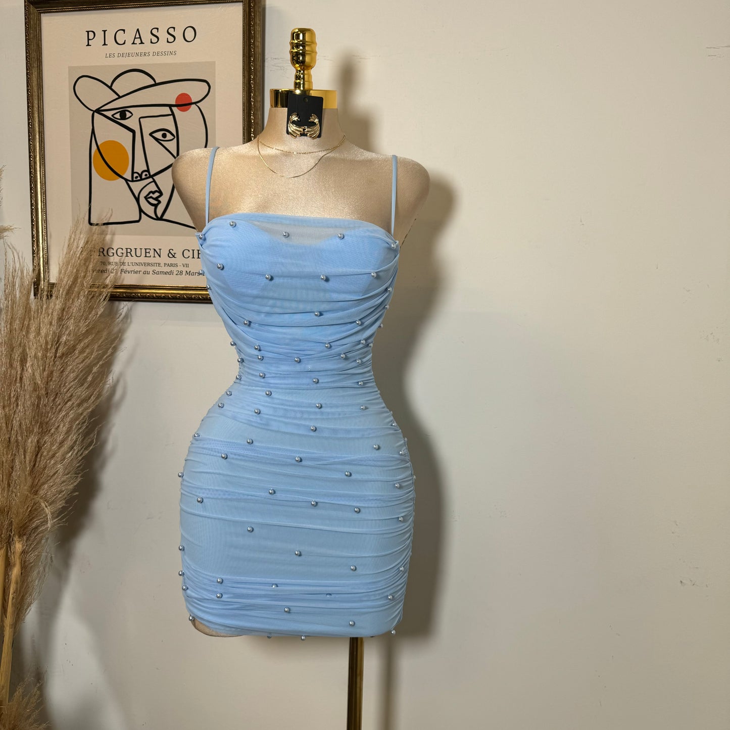 Pearl Mesh Ruched Sleeveless Mini Dress-Baby Blue