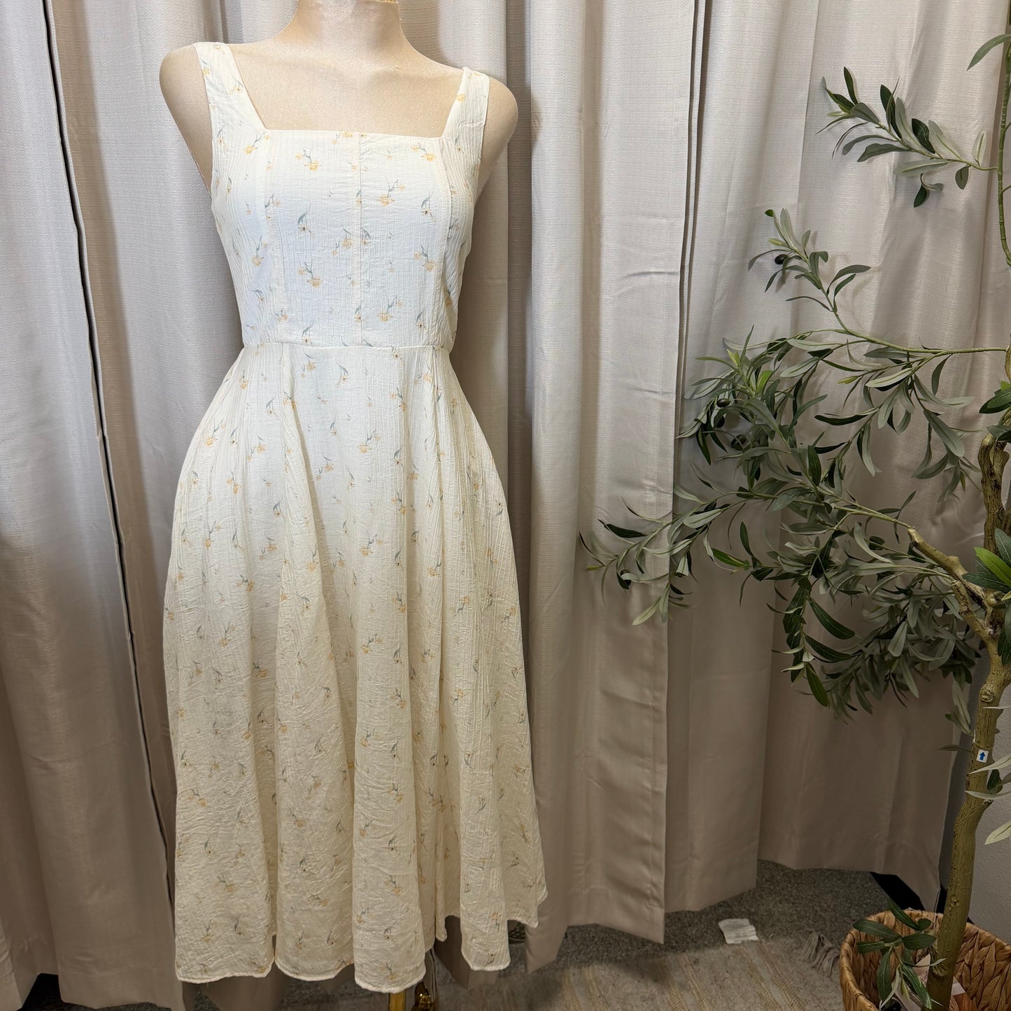Floral Square Neck Midi Dress-Floral Print