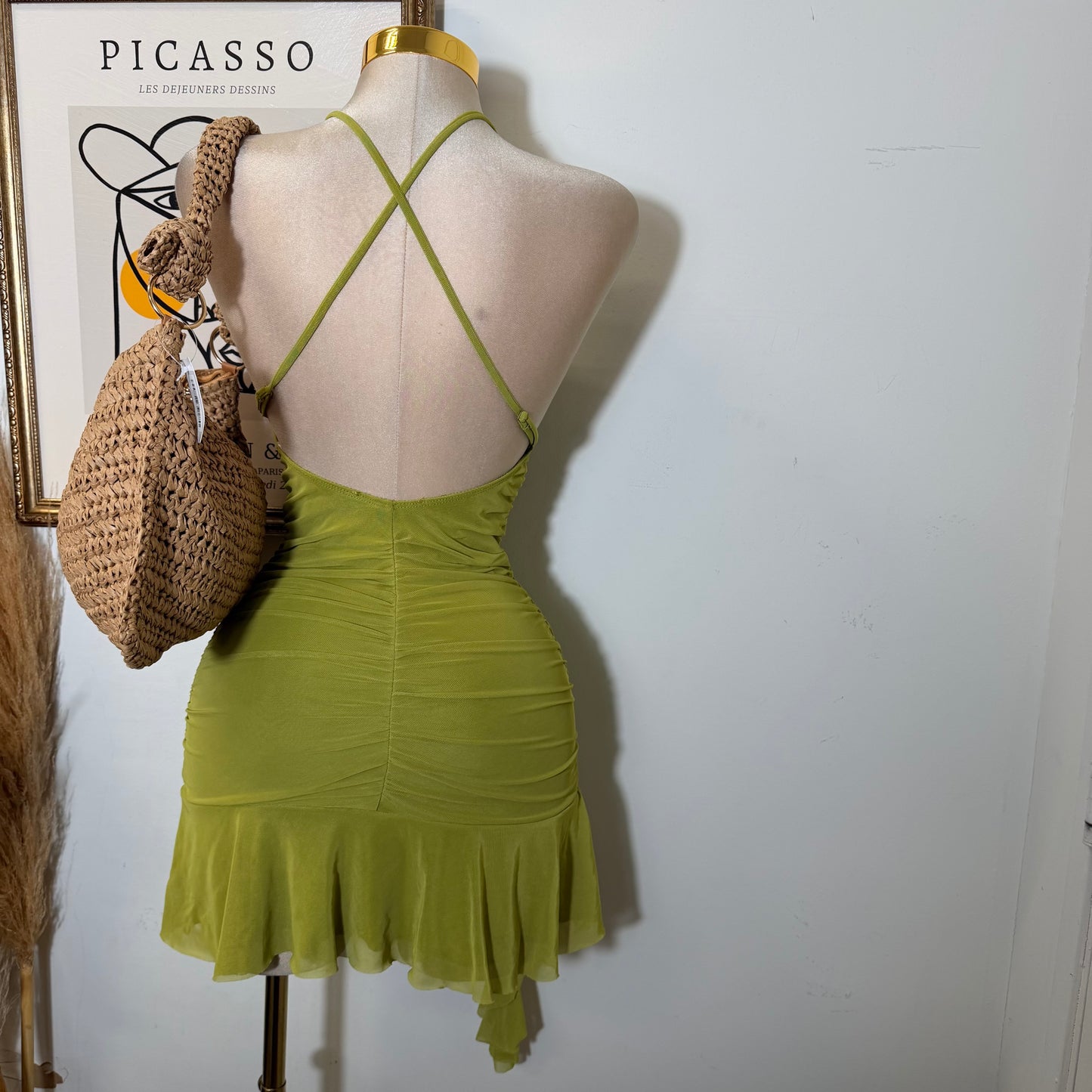 Asymmetrical Ruffle Mini Dress with Cross-Back Straps-Chartreuse