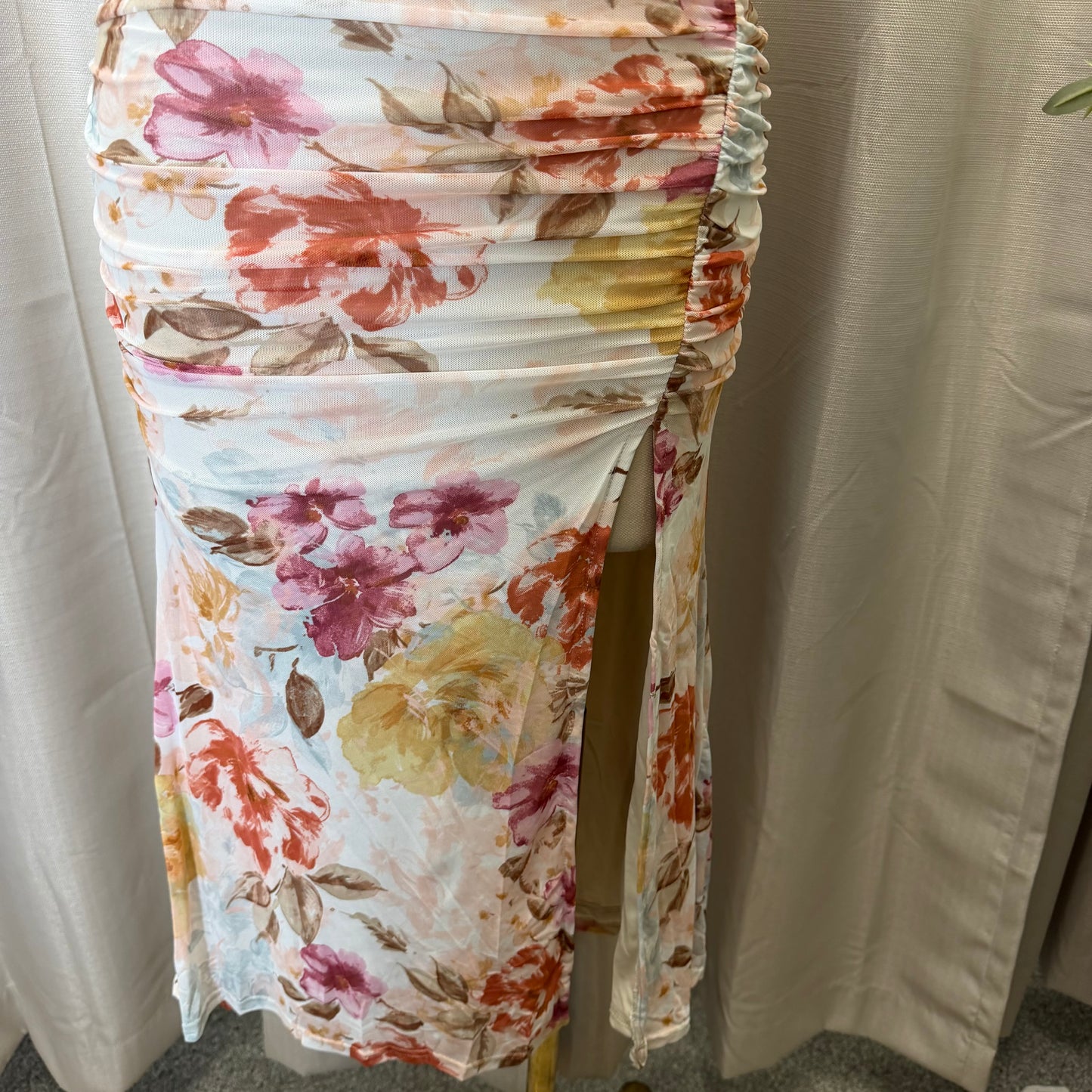 Mesh Flower Print Midi Dress-Pink/Cream/Multi