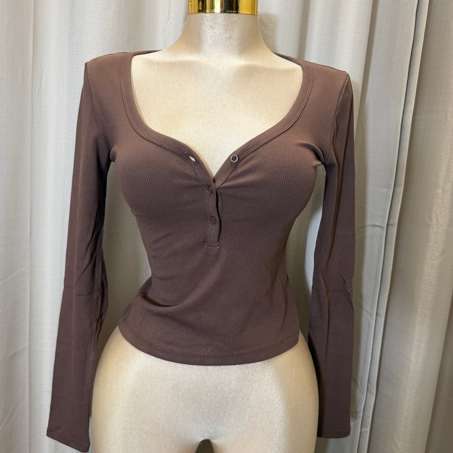 Long sleeve Ribbed Top-Brown