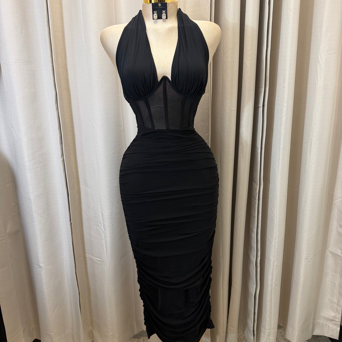 Halter neck midi ruched dress-Black
