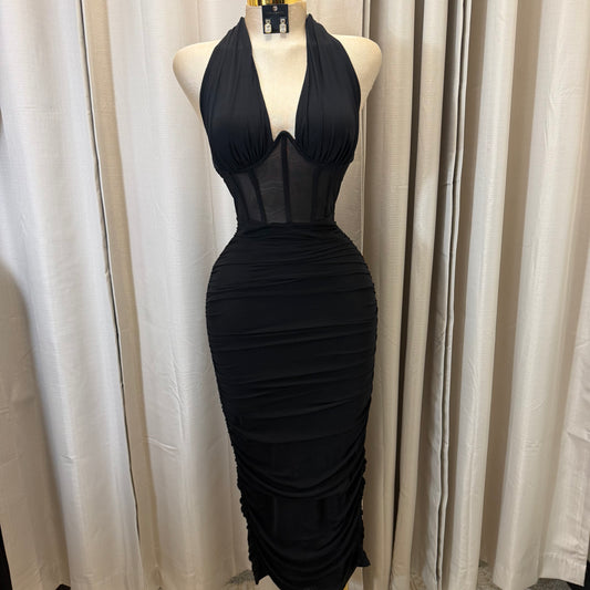 Halter neck midi ruched dress-Black