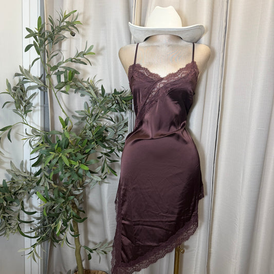 Asymmetric Satin With Lace Trim Detail Dress-Brown