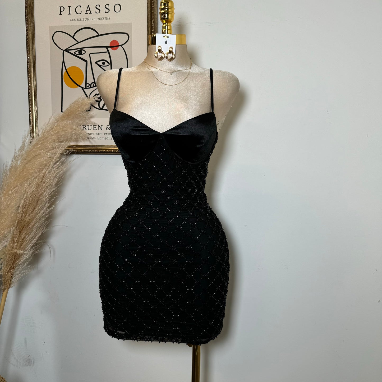 Diamond Pattern bead Dress-Black