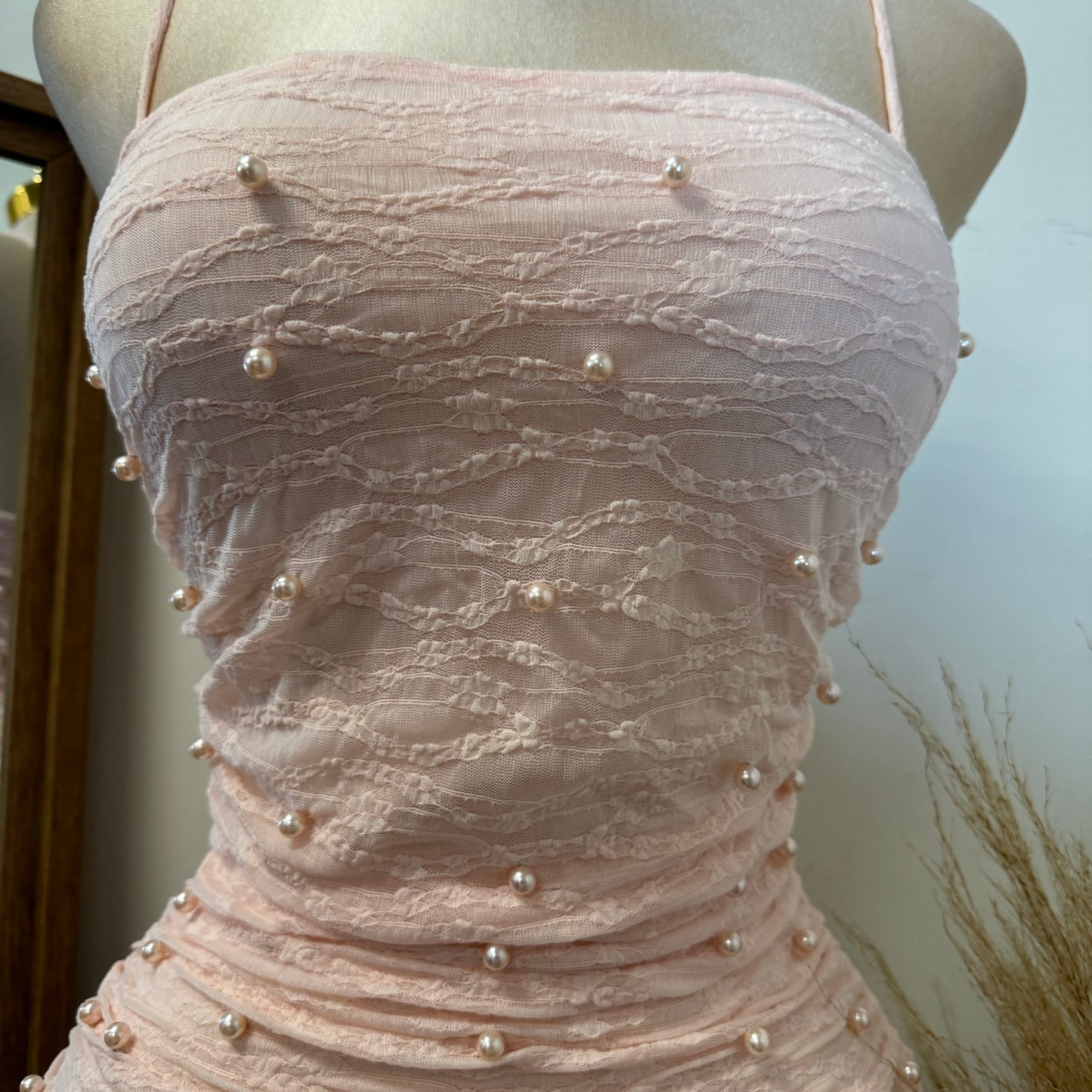 Lace Pearl Dress-Baby Pink