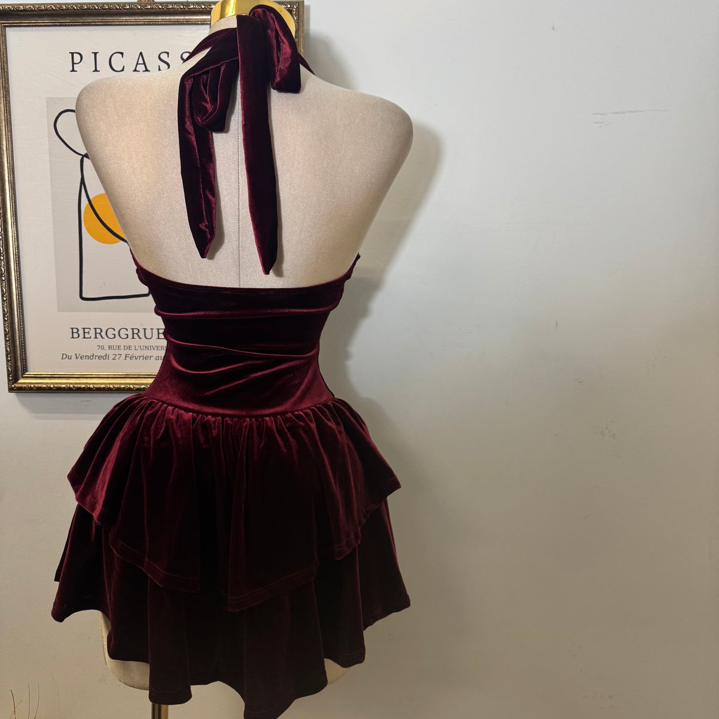 Velvet Halter Double Layer Fit and Flare Dress-Burgundy