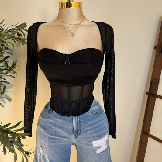 Mesh Long Sleeve Top-Black