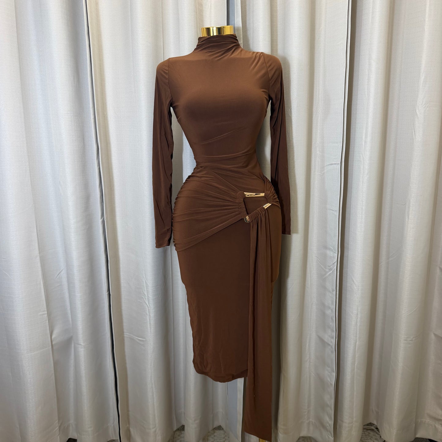 Long sleeve  Solid Double Layer Front Sash Midi Dress-Brown