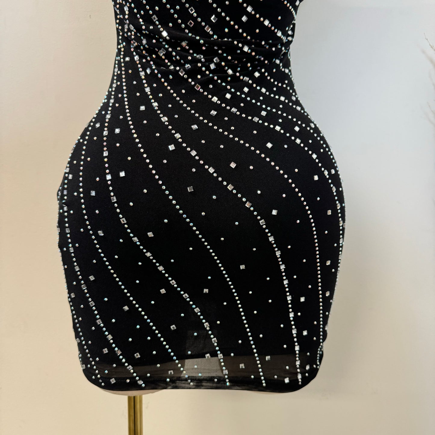 One Shoulder Rhinestone Dress-Black