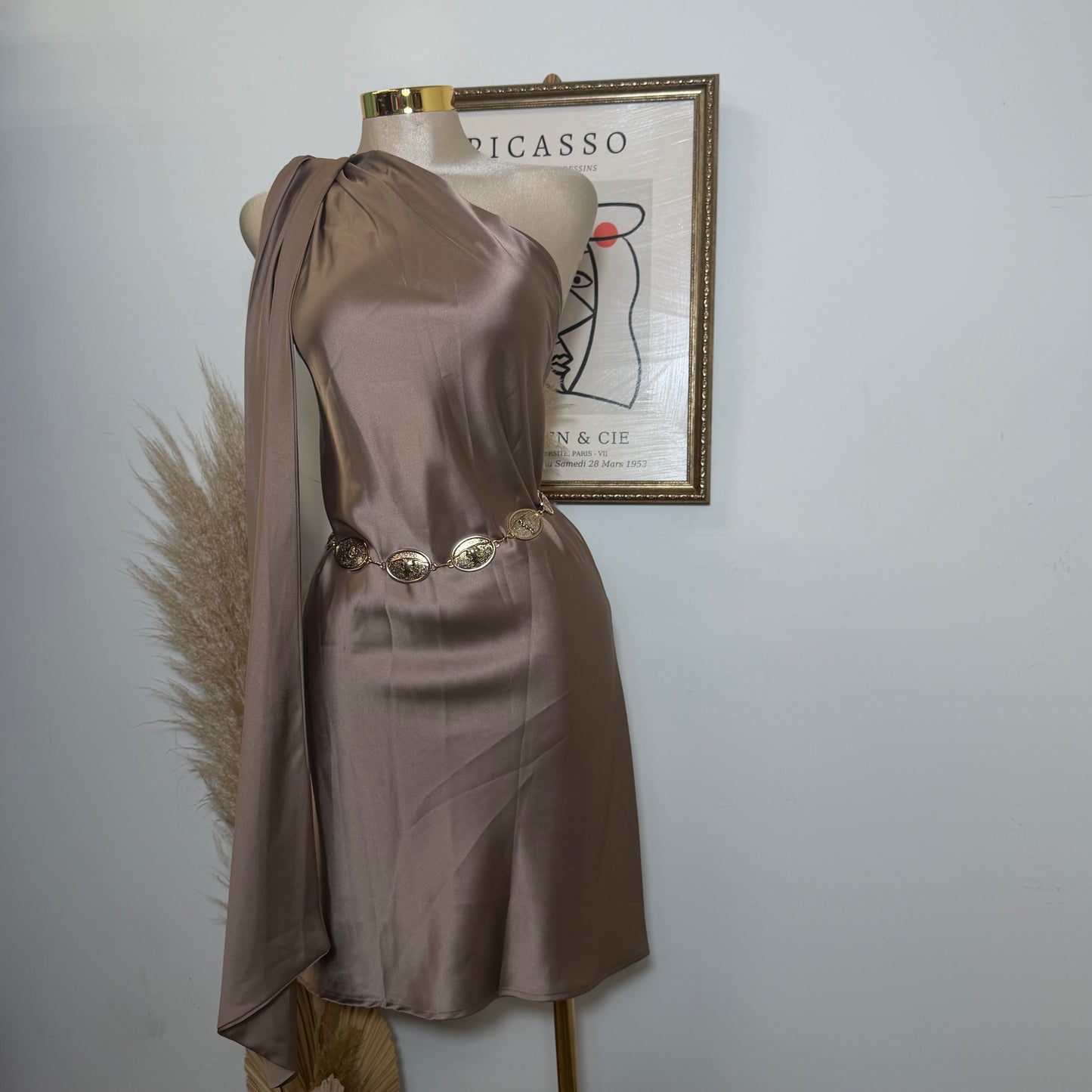 One shoulder Satin Dress with scarf-Duve