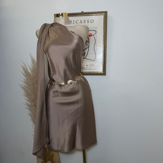 One shoulder Satin Dress with scarf-Duve
