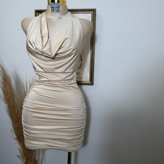 Cowl Mock Neck Ruched Mini Dress-Champagne