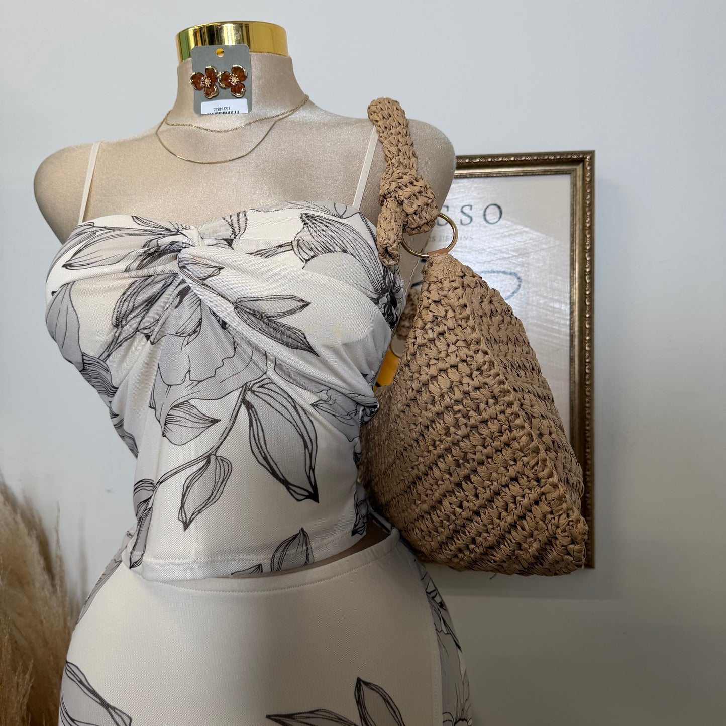 Mesh Print Twist Cami Top & Slit Maxi Skirt-Sand/Brown