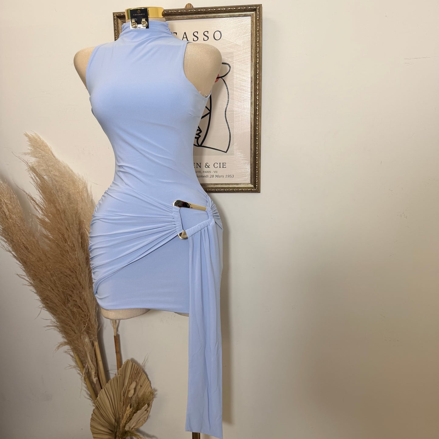 Mock Neck Front Sash With Trim Detail Mini Dress- Baby Blue