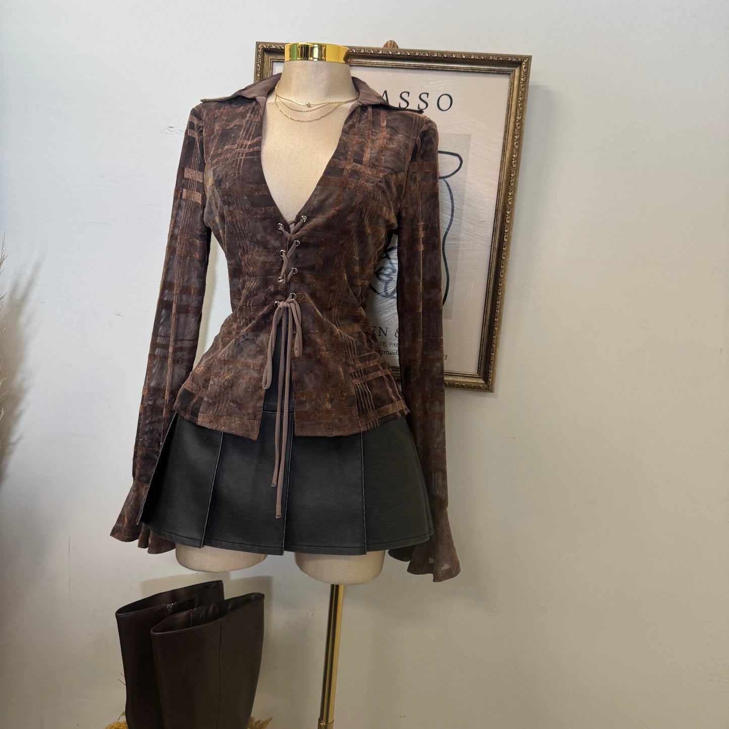 Collared Mesh Open Detail In the Front -Brown