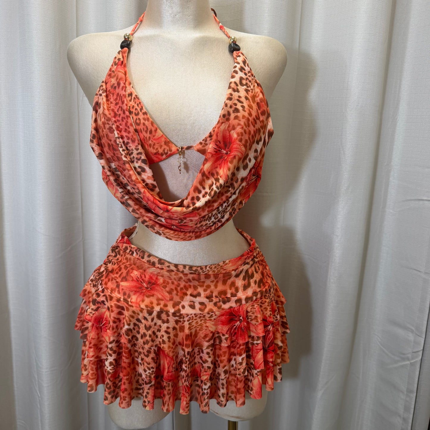 Floral halter open-Back Shirt set-Orange