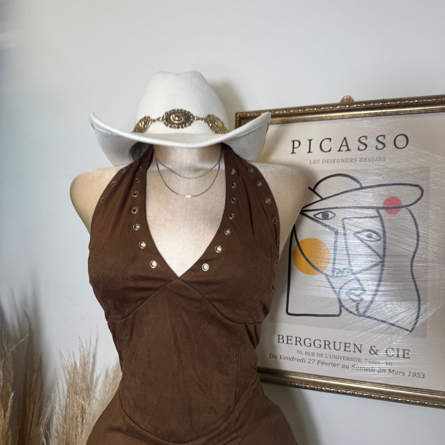Western Suede Halter Dress-Brown