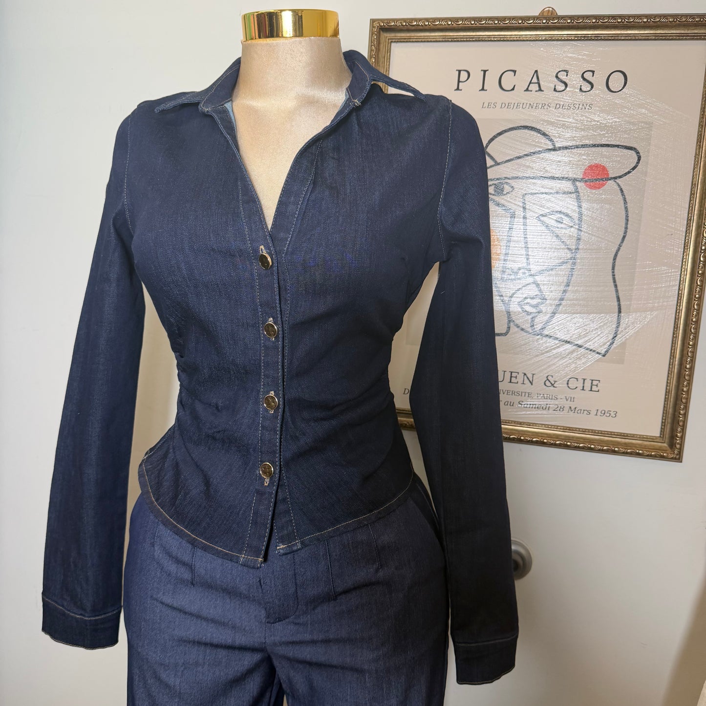 Cinched V-Neck Shirt-Indigo