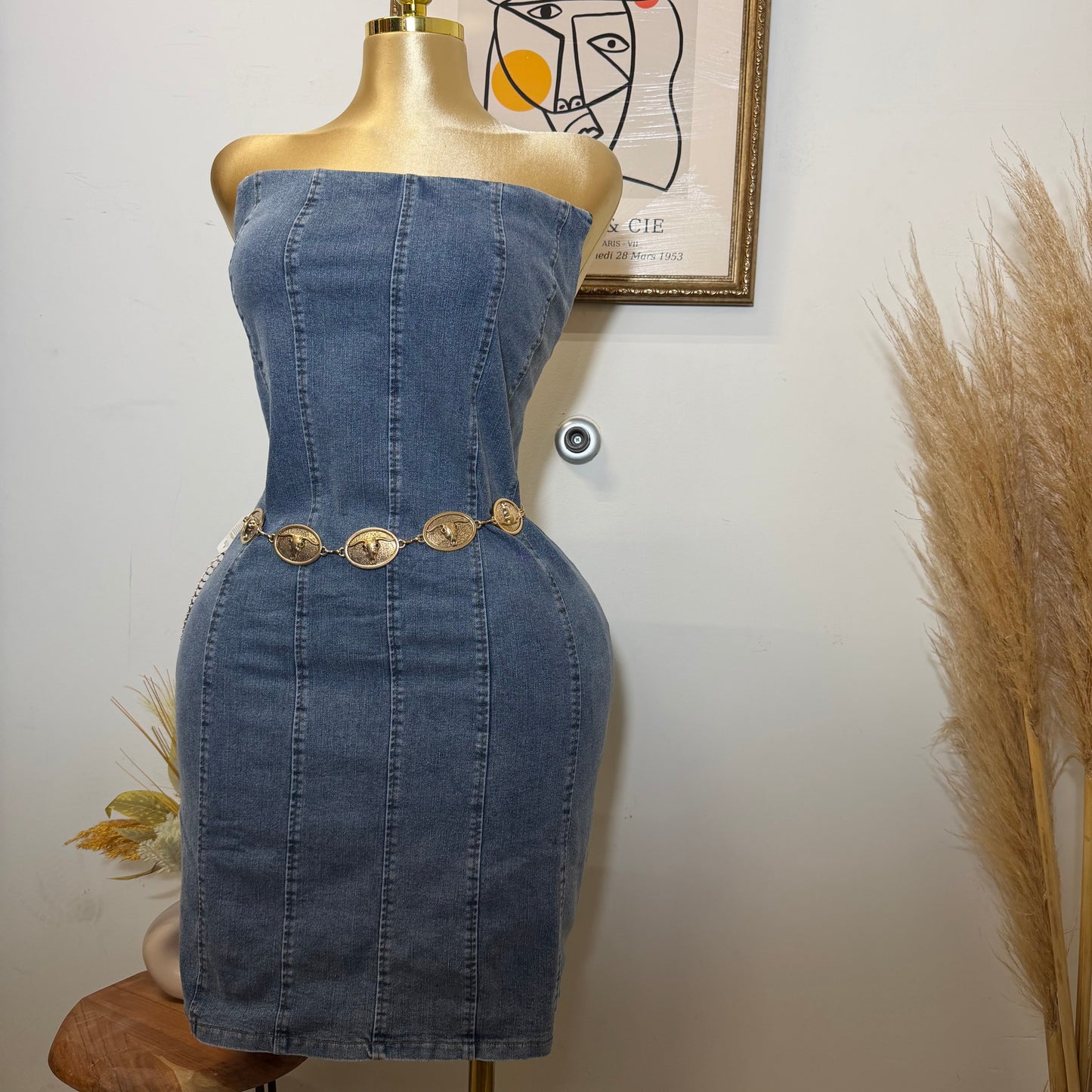Denim Strapless Denim Dress PL-Blue