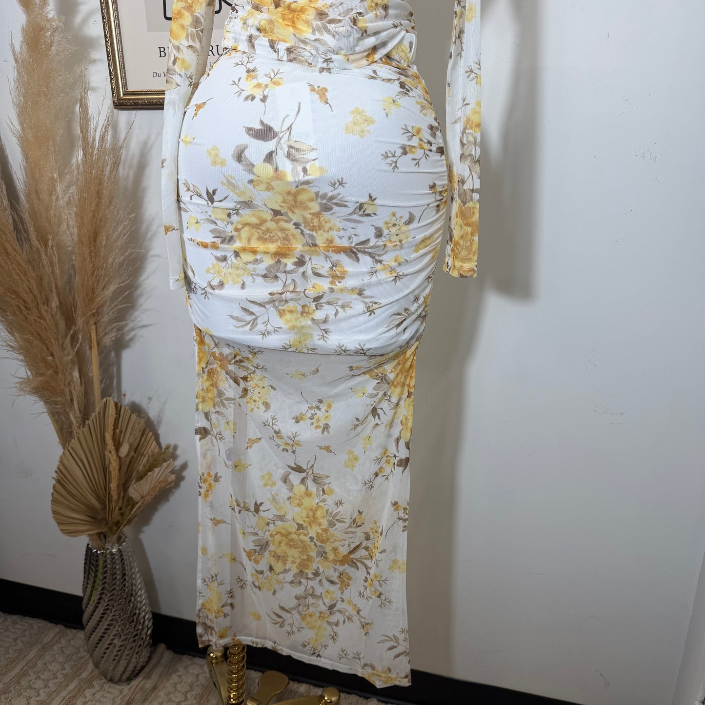 Off shoulder printed Mesh Top and ruched Maxi Skirt Set-Yellow Print
