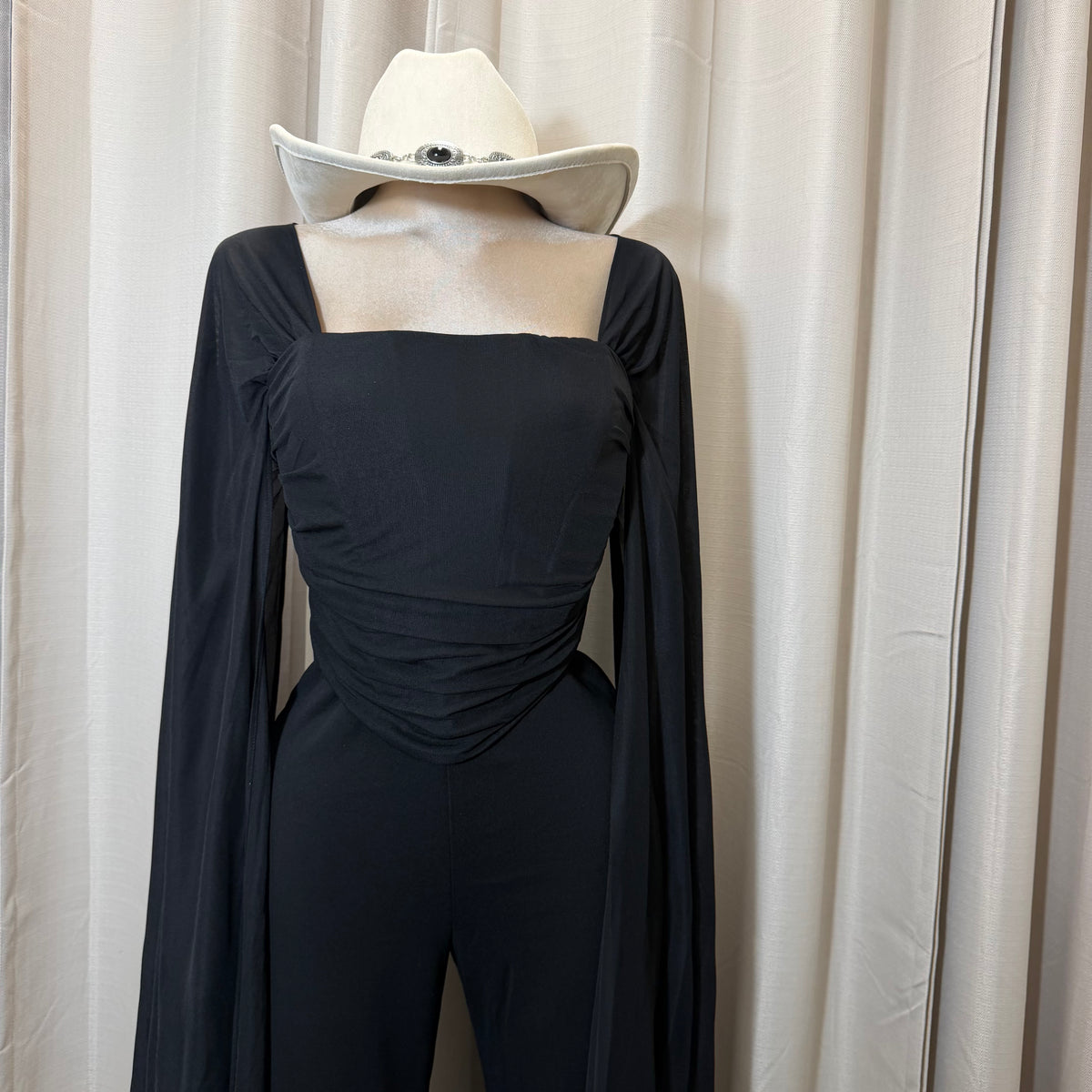 Mesh Cape Sleeve Corset Jumpsuit-Black
