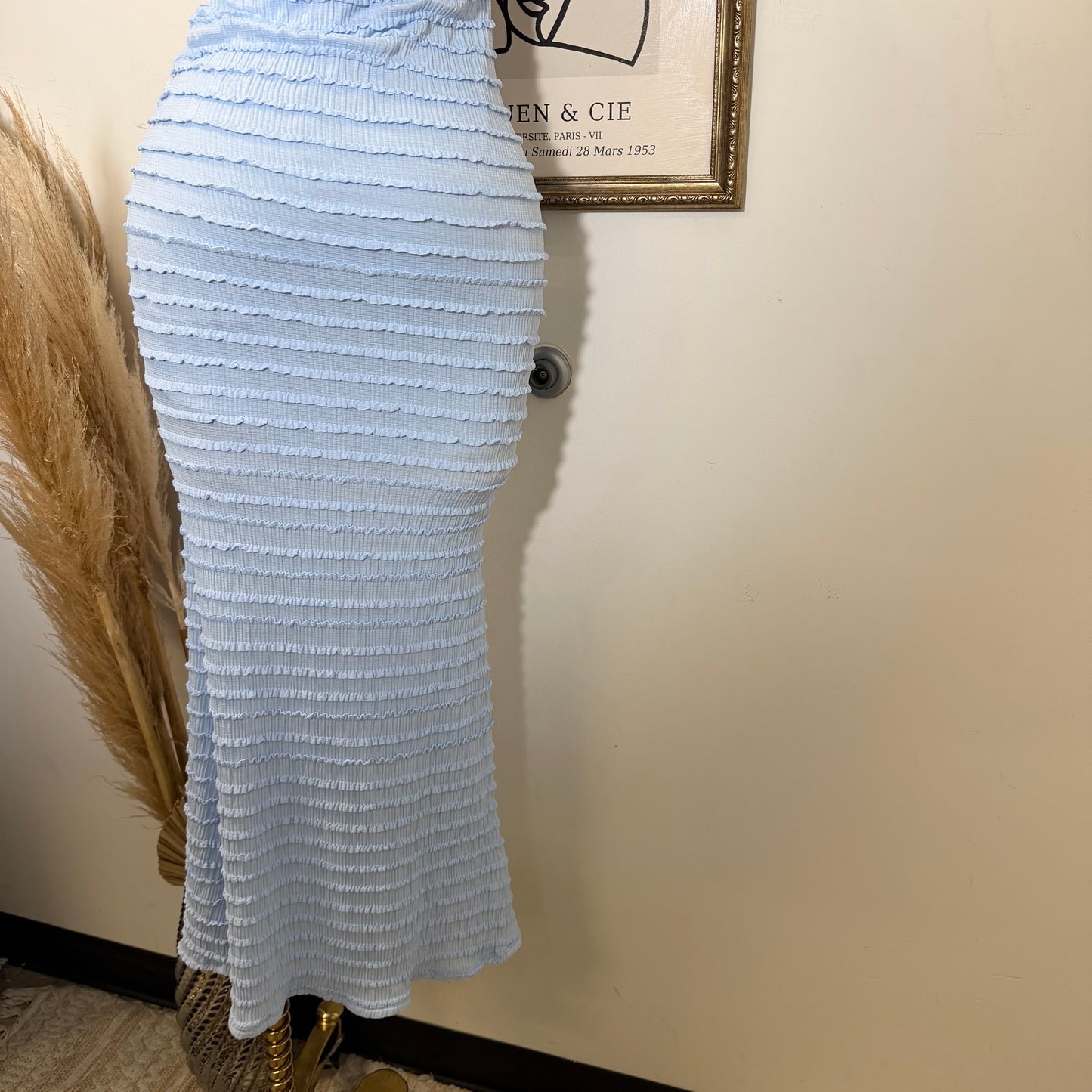 Textured Solid Off shoulder Maxi dress-Blue