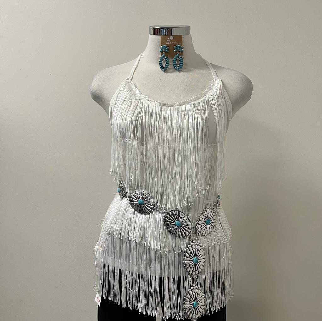 Josie Fringe Halter Cami Top PL-White