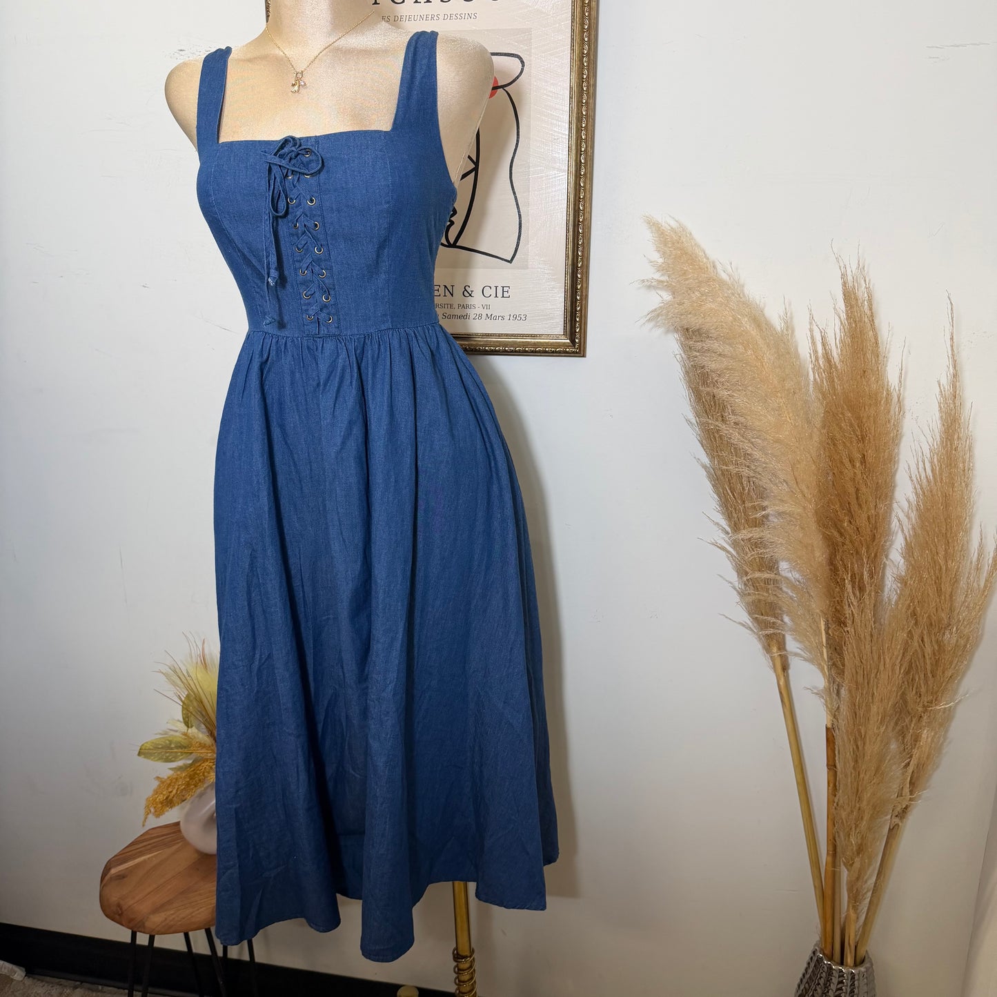 PL-Lace up Midi Dress-Blue
