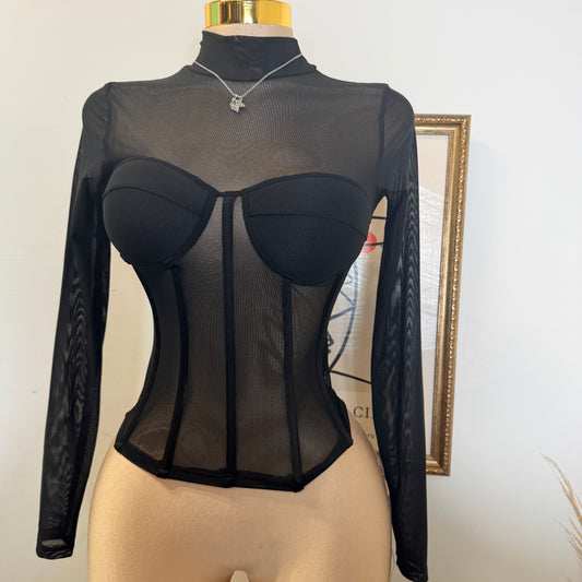 Long Sleeve Mesh Top with bra cups-Black