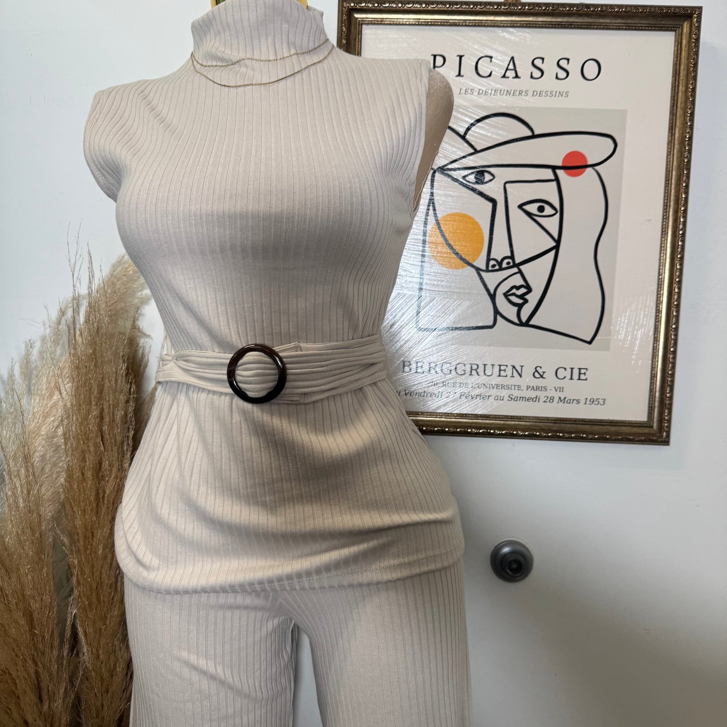 PL Sleeveless Mock neck with Belt rib knit Top and Wide Rib Knit pants-cream