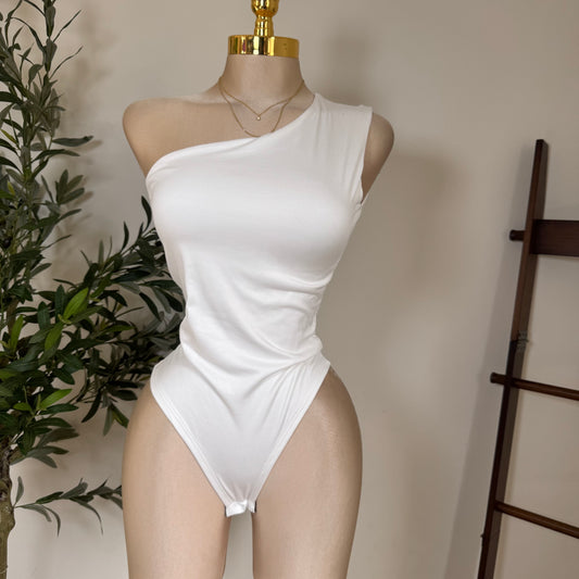 One Shoulder Double Layered Top-White