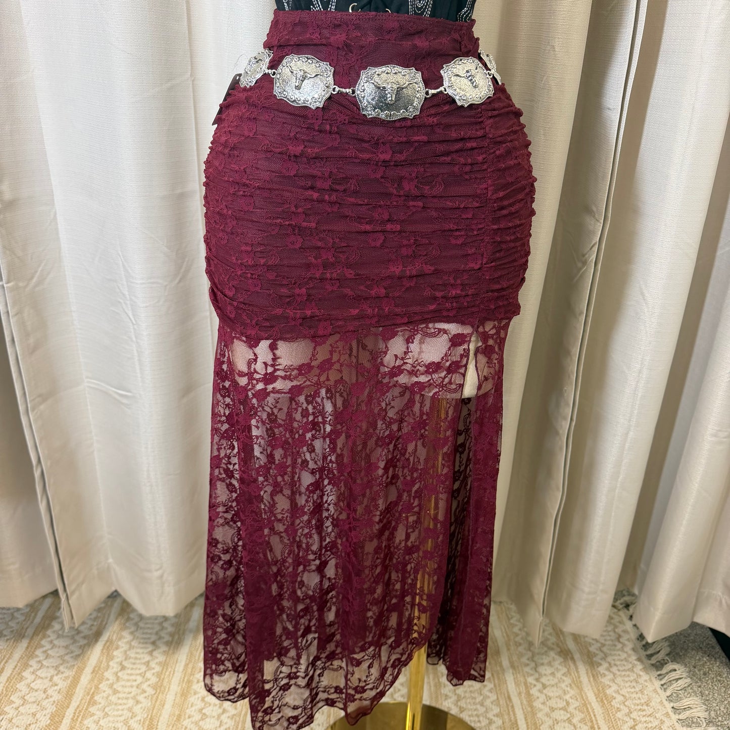 Lace Open slit Maxi Skirt-burgundy