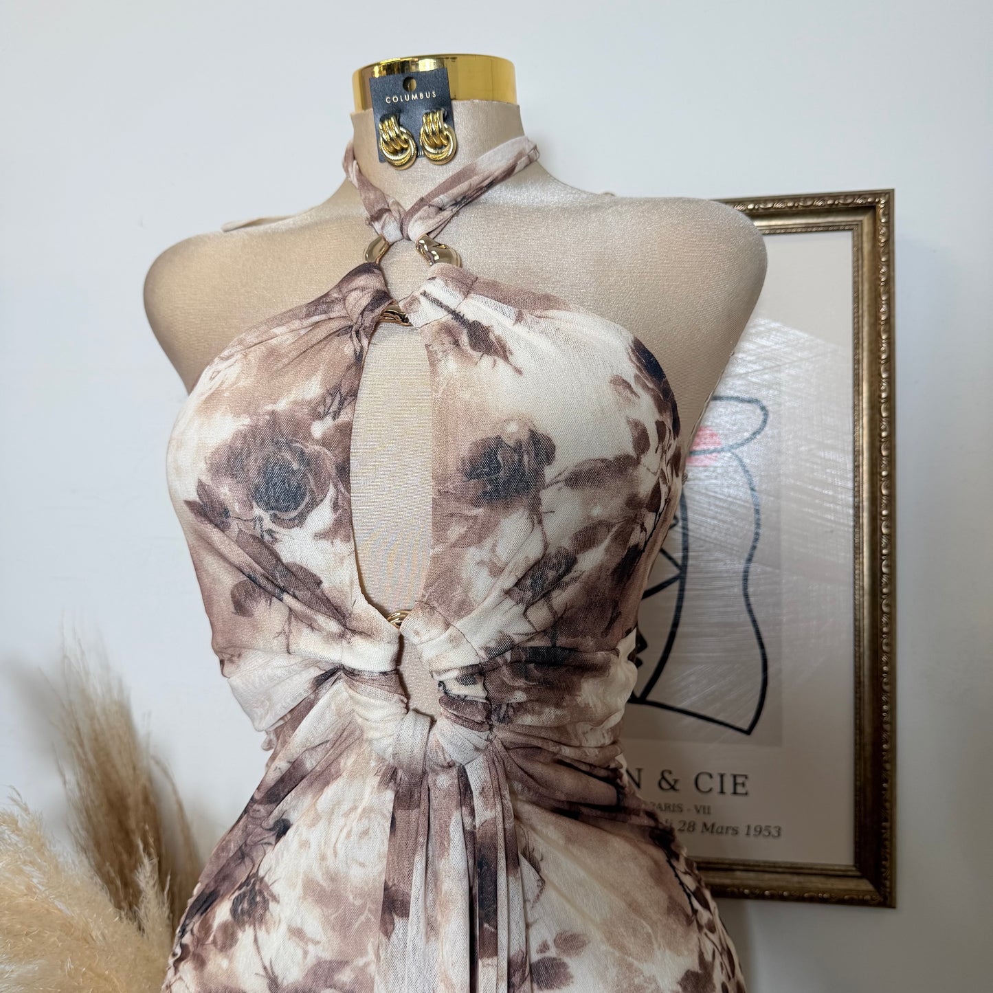 HalterNeck Print Midi Dress-Brown Floral