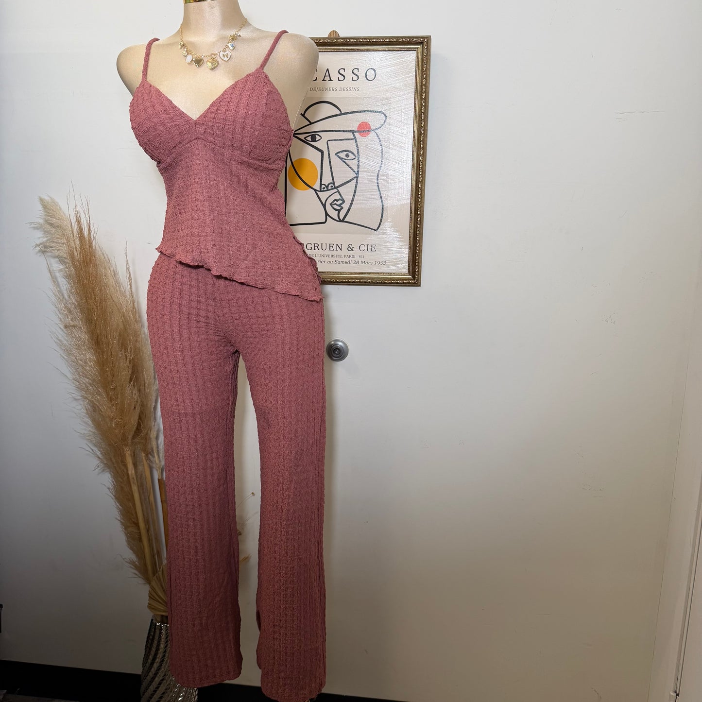 Merrow Asymmetric Hem Top and Pant Set-Marsala