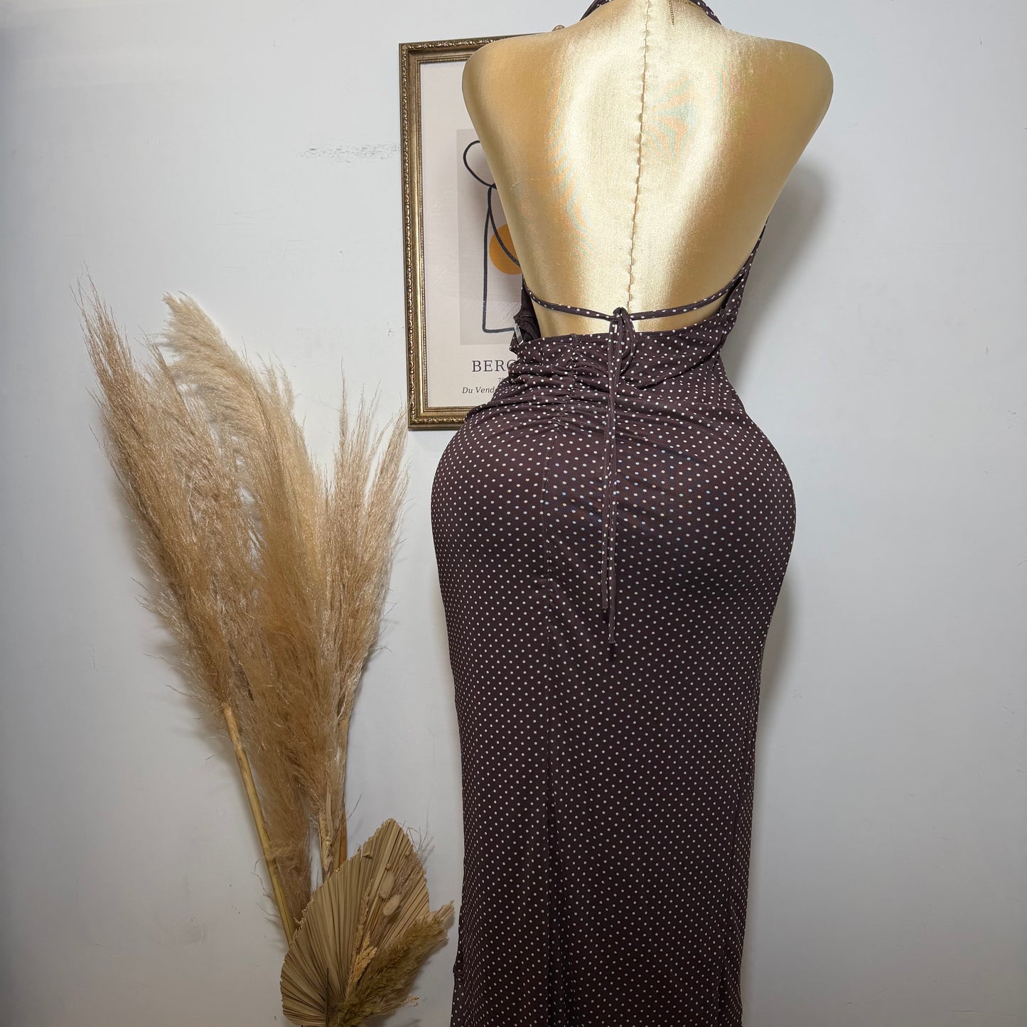 PL-Mesh Halter Maxi Dress Open Slit Dress-Brown