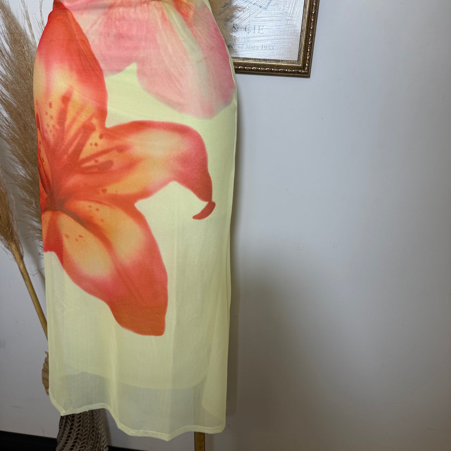 Mesh Tropical Floral Print Halter Neck Button Tie Midi Dress-Yellow