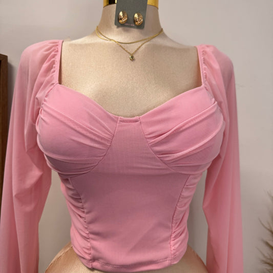 Mesh Long Sleeve Padded Bust Top-Pink