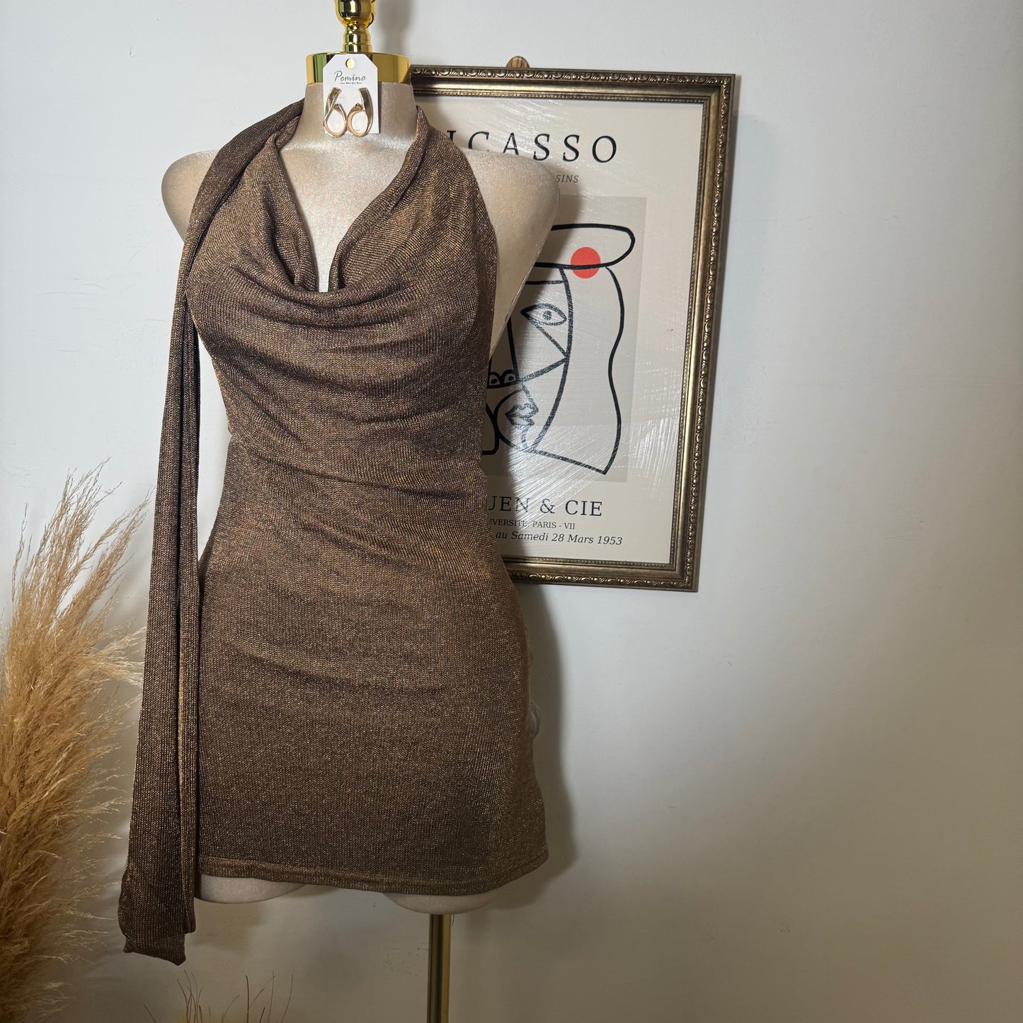 Cowl Halter Scarf Metallic Chainmail Mini Dress-Brown