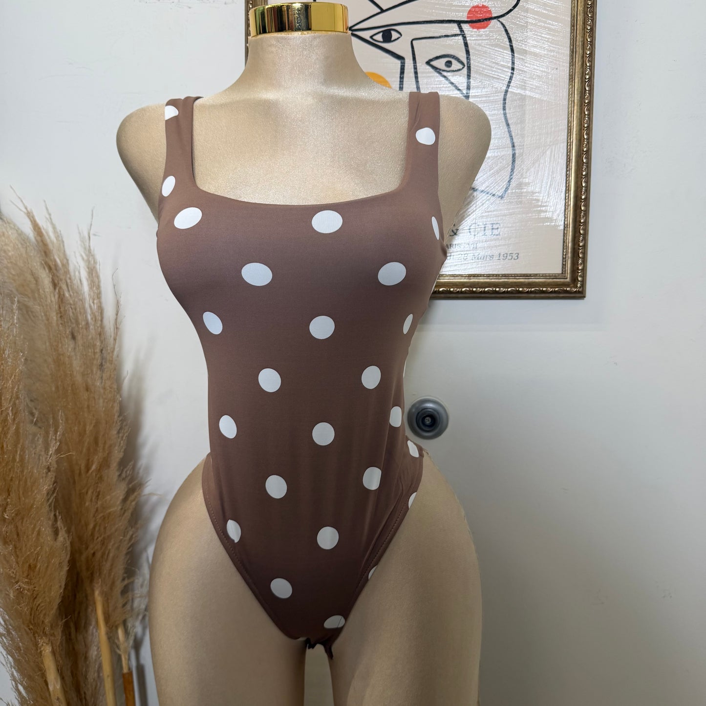 Square neck Polka Dot Bodysuit-Mocha