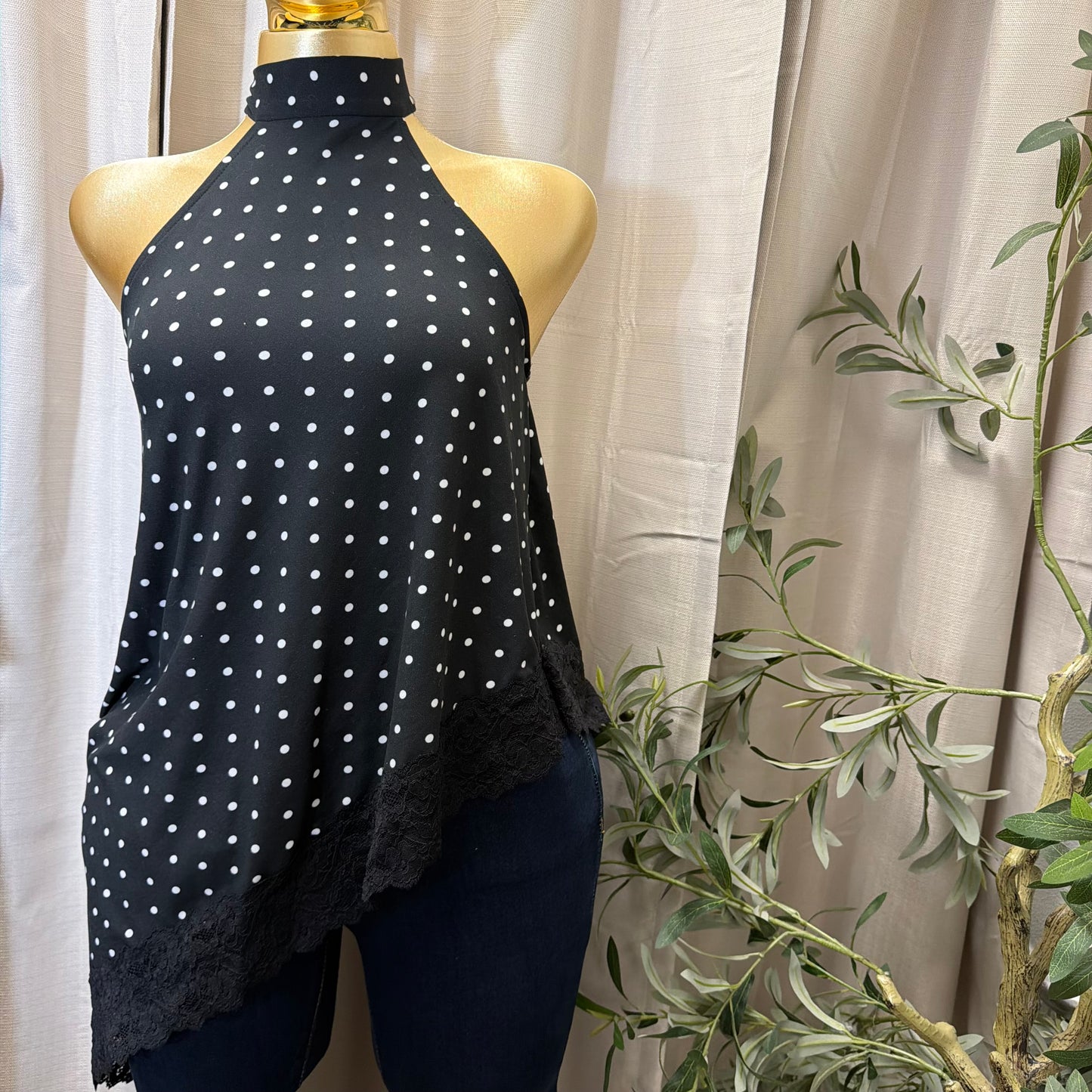 Asymmetrical Polka Dot Double layered Top-Black