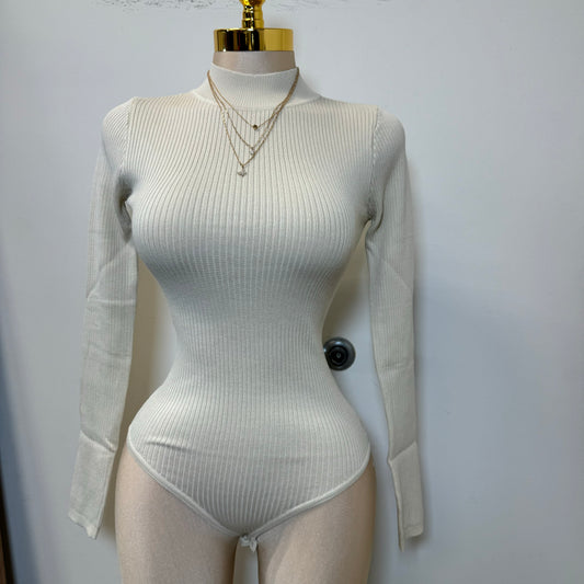 High Neck Long Sleeve Ribbed Knit Bodysuit-Ivory