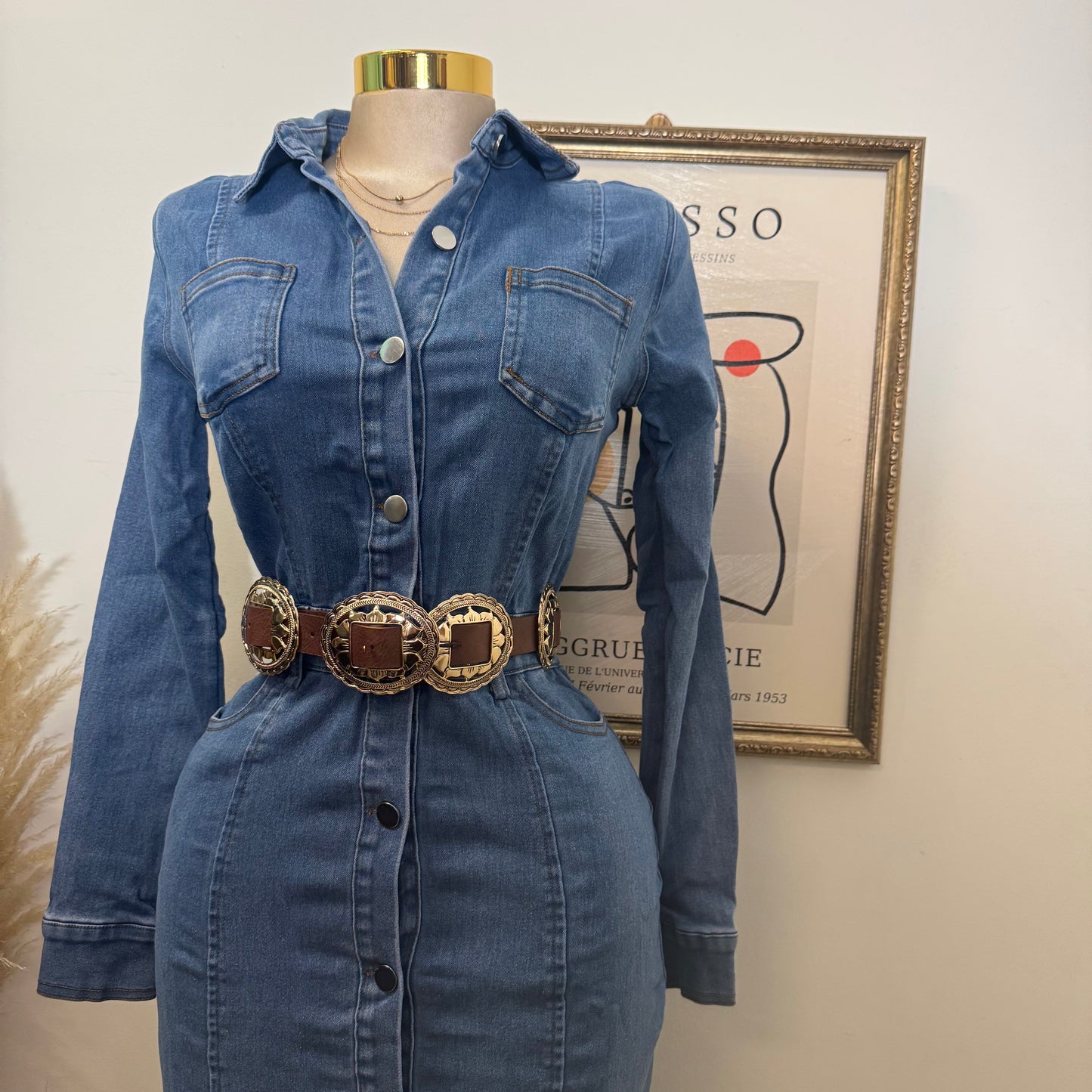 Denim Button Long Dress-Medium Wash