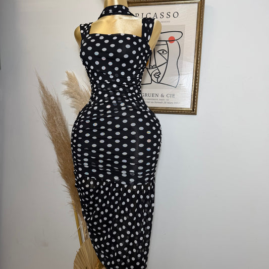 Polka Dot Mesh Off Shoulder Maxi Dress-Black