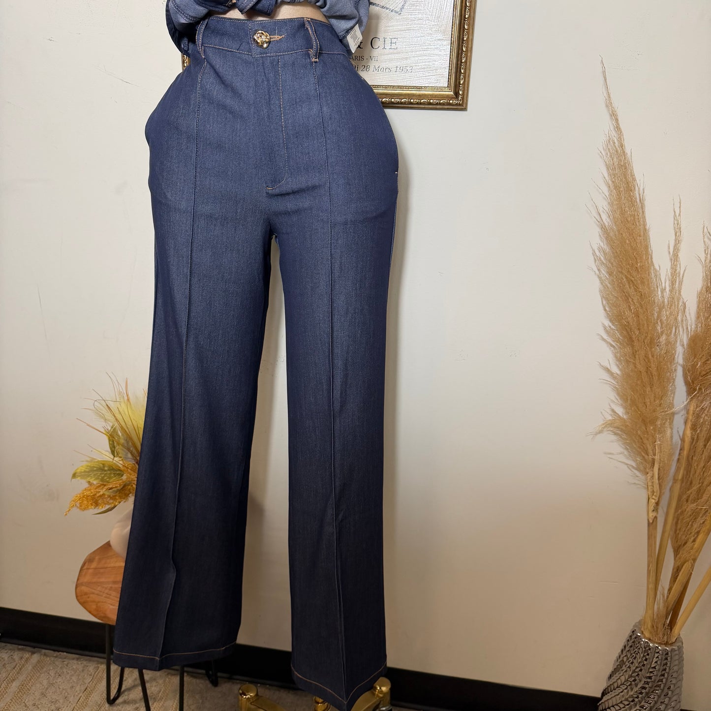 High waisted Wide leg Pants-Indigo