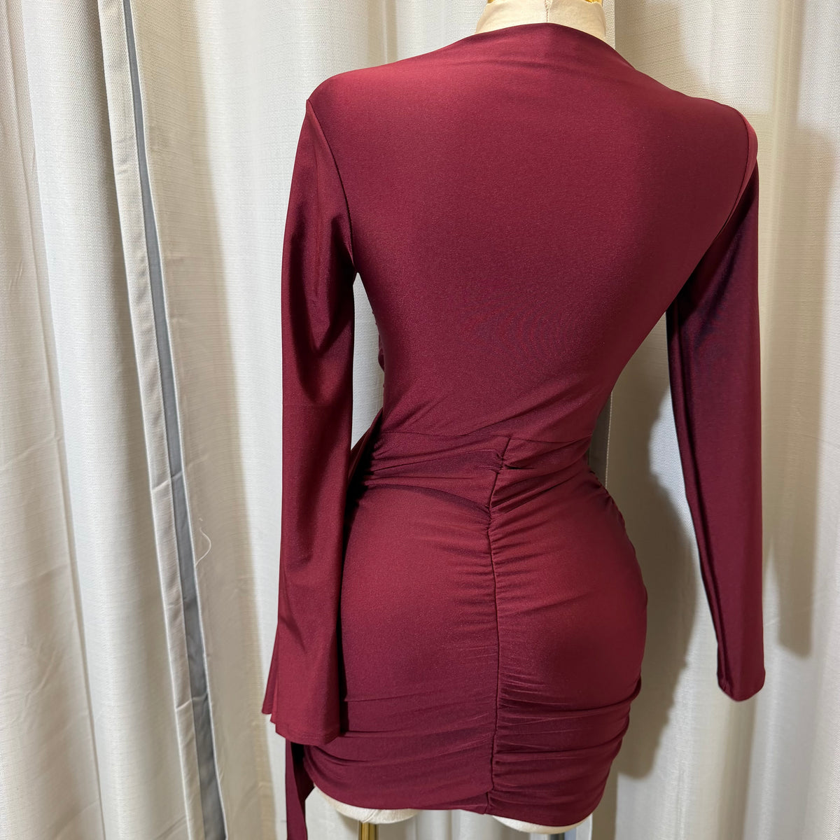 Long Sleeve Mini Dress Mock Neckline-burgundy