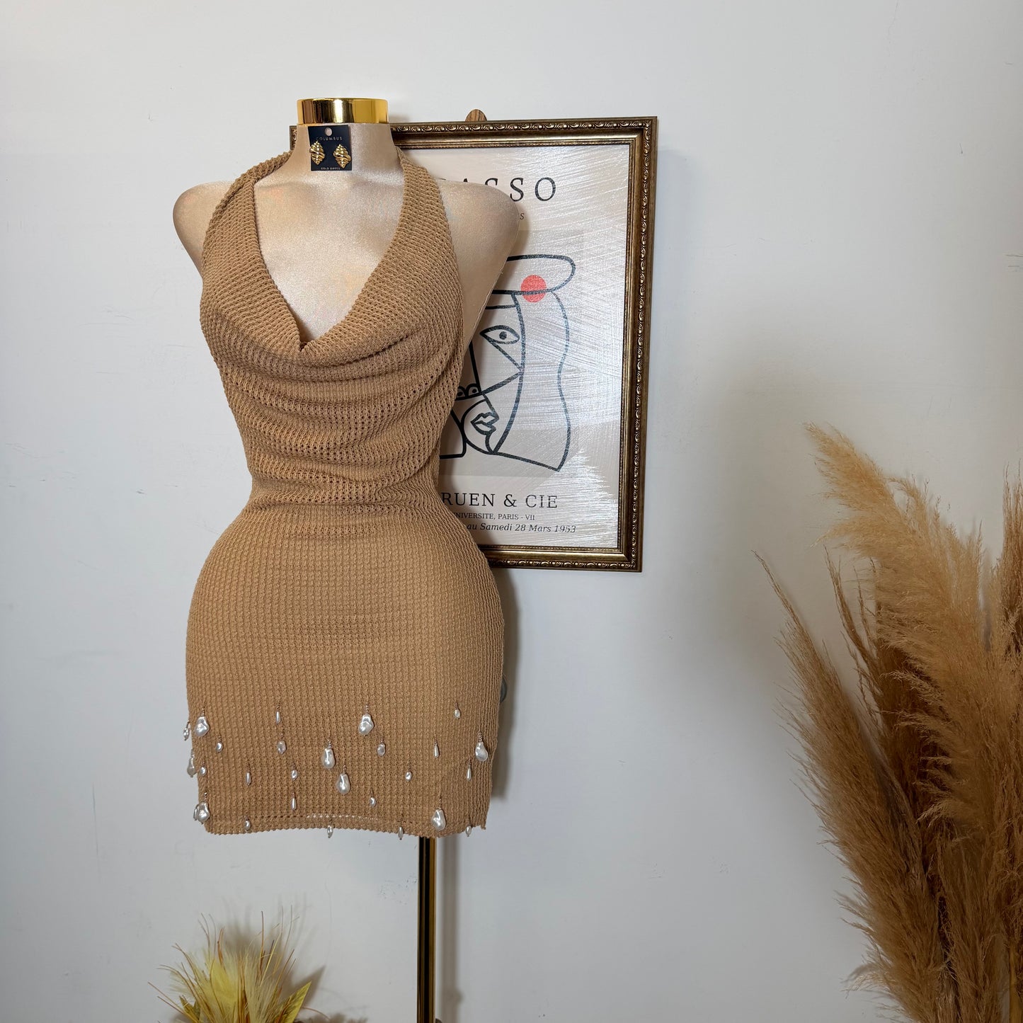 Halter Neck Pearl Embellished Knit Mini Dress-Mocha